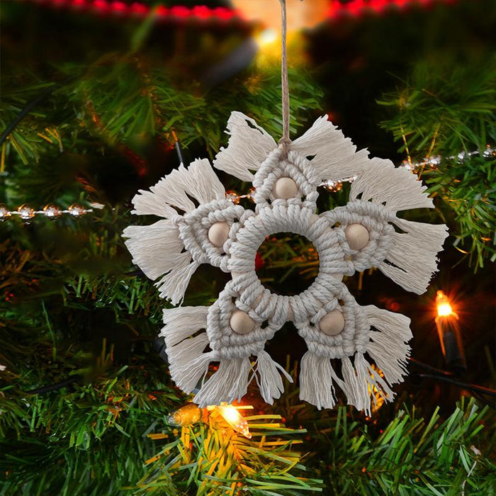 Wooden Bead Handwoven Snowflake Pendant Handmade Cotton Rope Christmas Tree