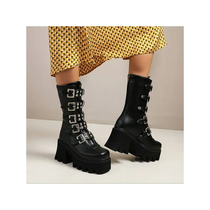 Women's Boots Goth Boots Daily Mid Calf Boots Winter Rivet Chunky Heel Round Toe