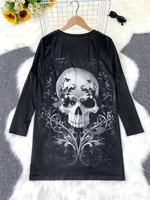 Women's T shirt Tee Halloween Shirt Black Blue Purple Skull Print Long Sleeve