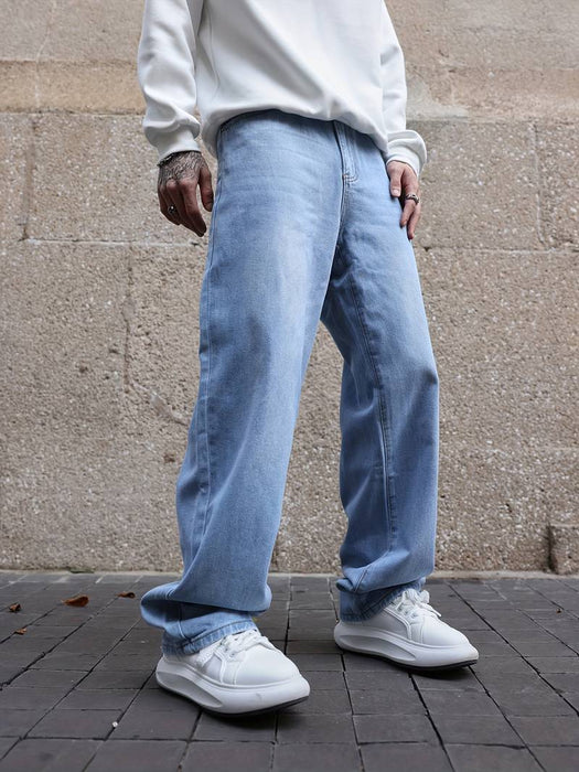 Men's Jeans Trousers Baggy Denim Pants Pocket Drawstring Straight Leg Solid Colored