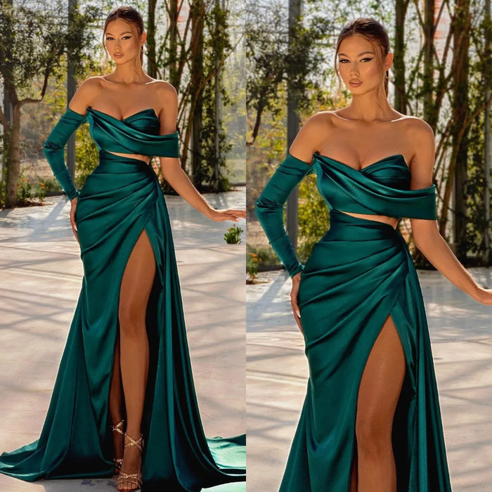 Mermaid Evening Dress Emerald Green Satin Gown Ruched Wedding Party