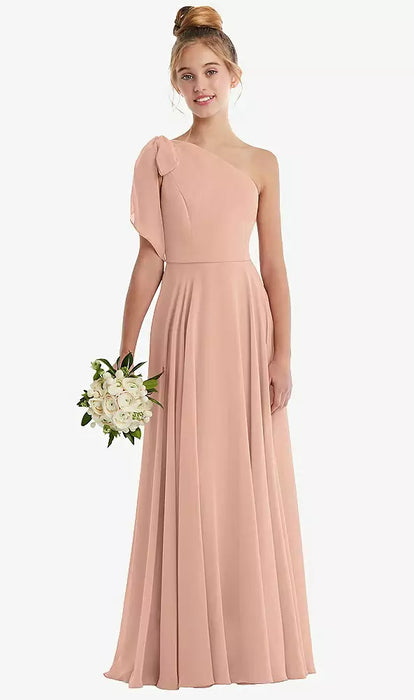 A-Line Floor Length One Shoulder Chiffon Junior Bridesmaid Dresses&Gowns With Bow(s)