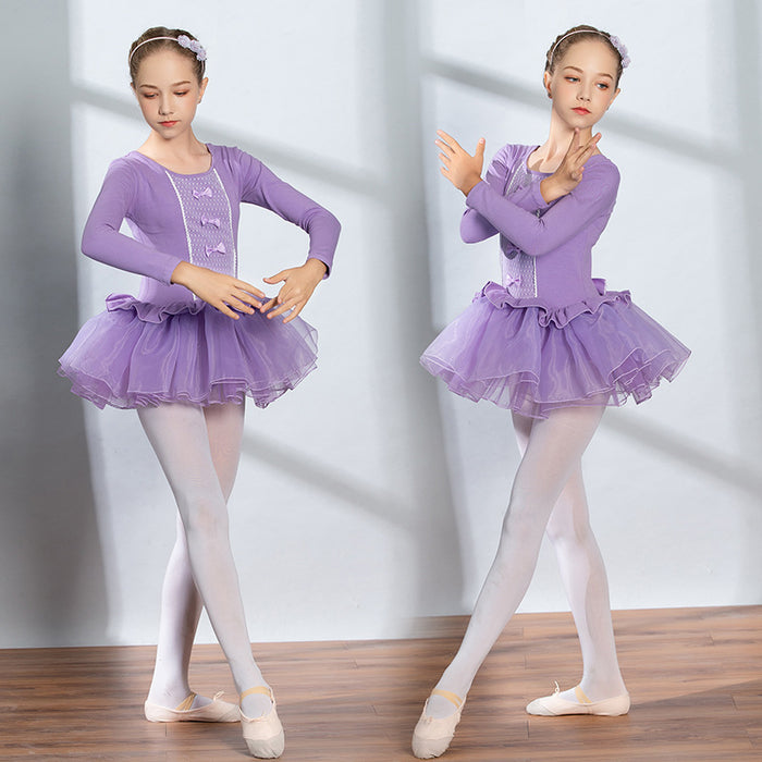 Ballet Dress Lace Bow(s) Ruching Girls' Training Performance Long Sleeve High Spandex Lace Tulle