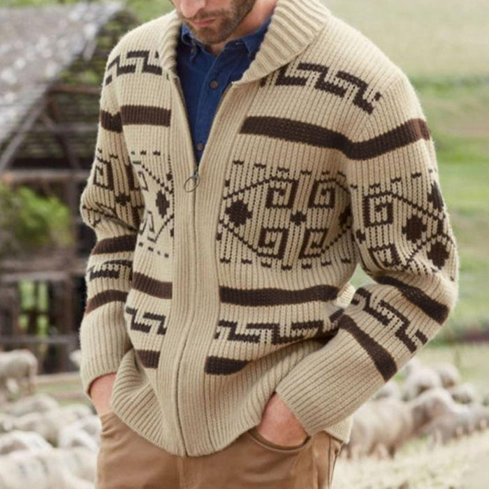 Geometry Retro Vintage Men's Zipper Knitting Print Cardigan Sweater Knitwear Cowichan cardigan sweater