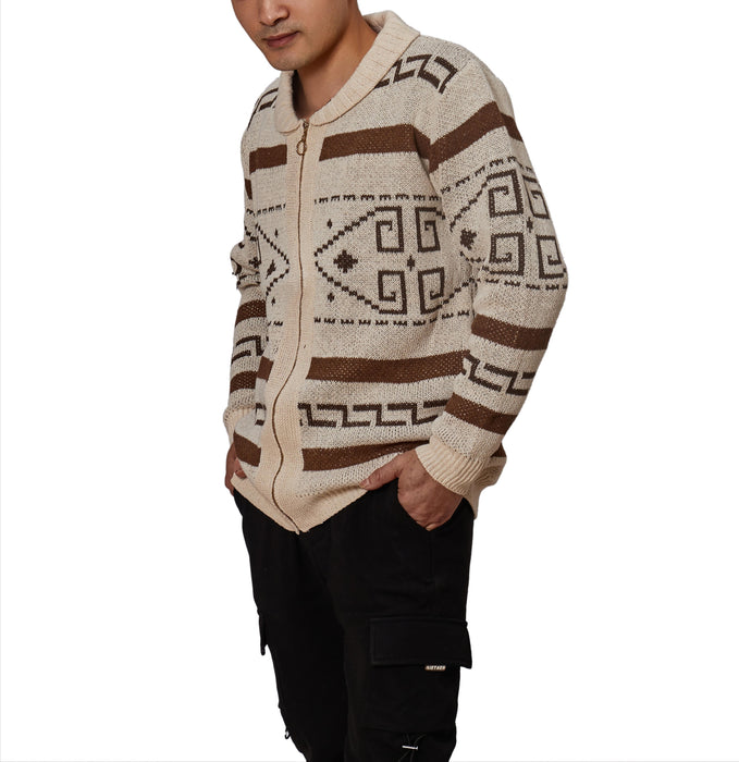 Geometry Retro Vintage Men's Zipper Knitting Print Cardigan Sweater Knitwear Cowichan cardigan sweater