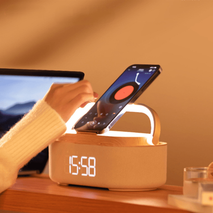 Wireless Charger Alarm Clock Bluetooth Speaker LED Smart Digital Clock USB Fast Charge