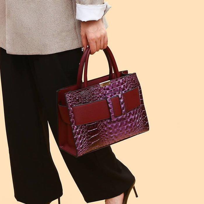 Women's Handbag Bag Set PU Leather Daily Large Capacity Crocodile Black Purple Brown