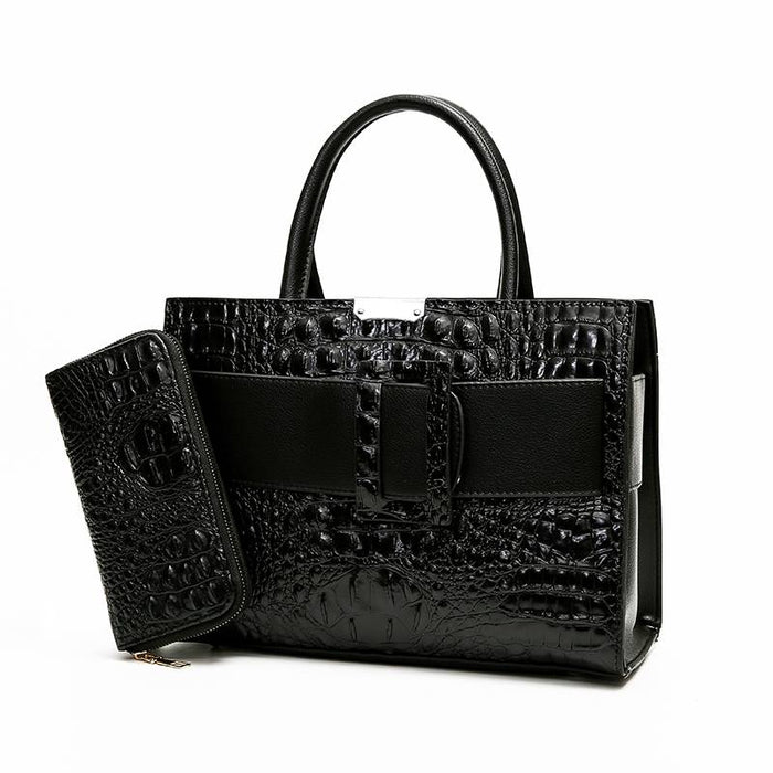 Women's Handbag Bag Set PU Leather Daily Large Capacity Crocodile Black Purple Brown