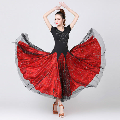 Ballroom Dance Dress Splicing Tulle Women's Training Performance Long Sleeve High Tulle Polyester