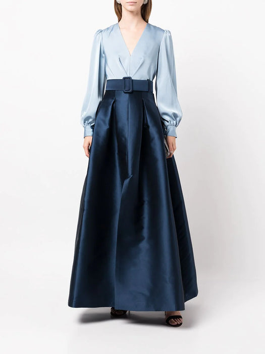 A-Line Formal Satin Pocket Long Sleeve Blue Black Evening Gown High Split