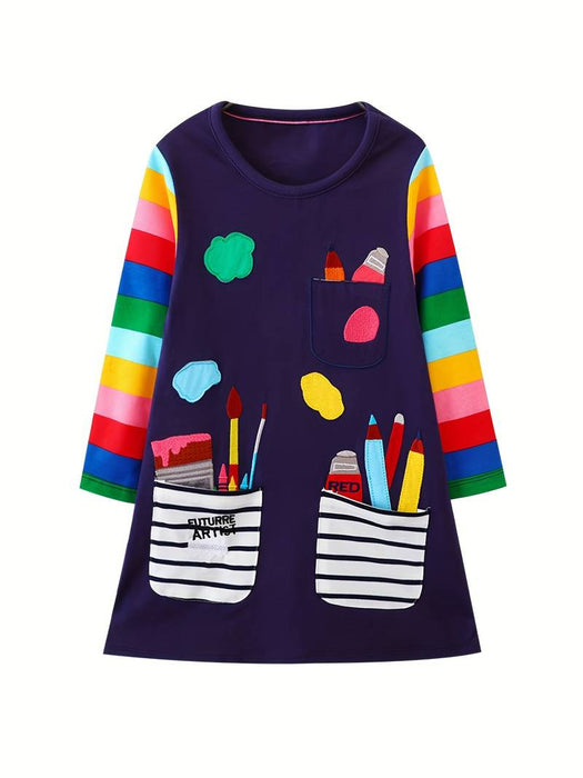 Kids Girls' Dress Graphic Cartoon Long Sleeve Casual Adorable Daily Cotton Midi Casual Dress Spring Fall Winter 3-6 Years Blue