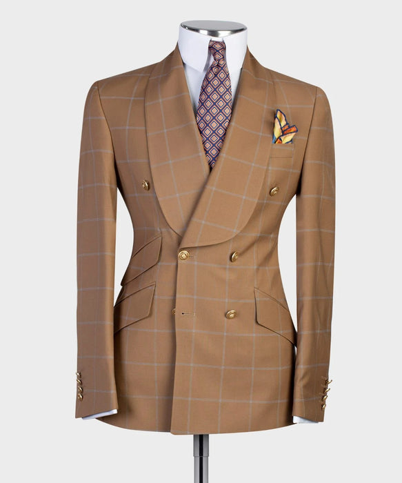 Brown Men's Wedding Suits 2 Piece Checkered Tailored Fit Double Breasted Four-buttons 2023