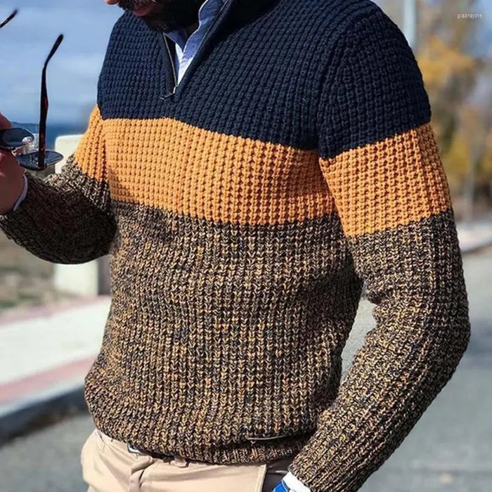Men's Sweater Pullover Sweater Jumper Ribbed Knit Cropped Zipper Knitted Color Block