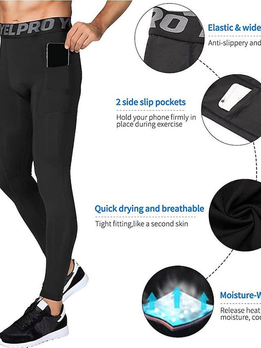 Men's Compression Pants Running Tights Leggings with Phone Pocket Base Layer Athletic Winter Spandex
