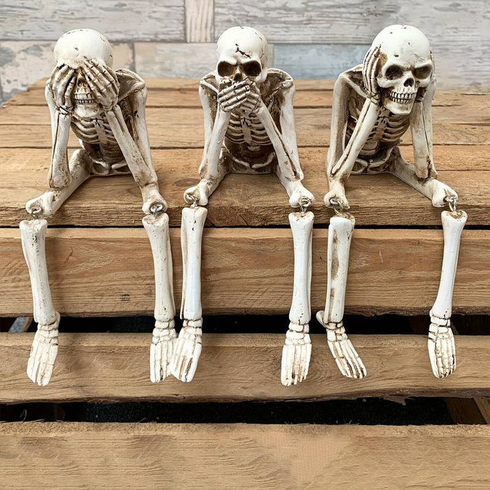 Halloween Skull Statues Set Resin Skeleton Shelf Sitters Sitting Figurines for Home