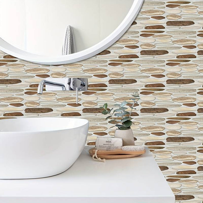 6pcs Stone Wooden Pattern Wall Panels, Stone Peel And Stick Wall Tile Sticker, Kitchen Self-adhesive
