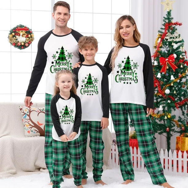 Christmas Pajamas Ugly Family Set Plaid Letter Christmas Tree Home Green White Long Sleeve