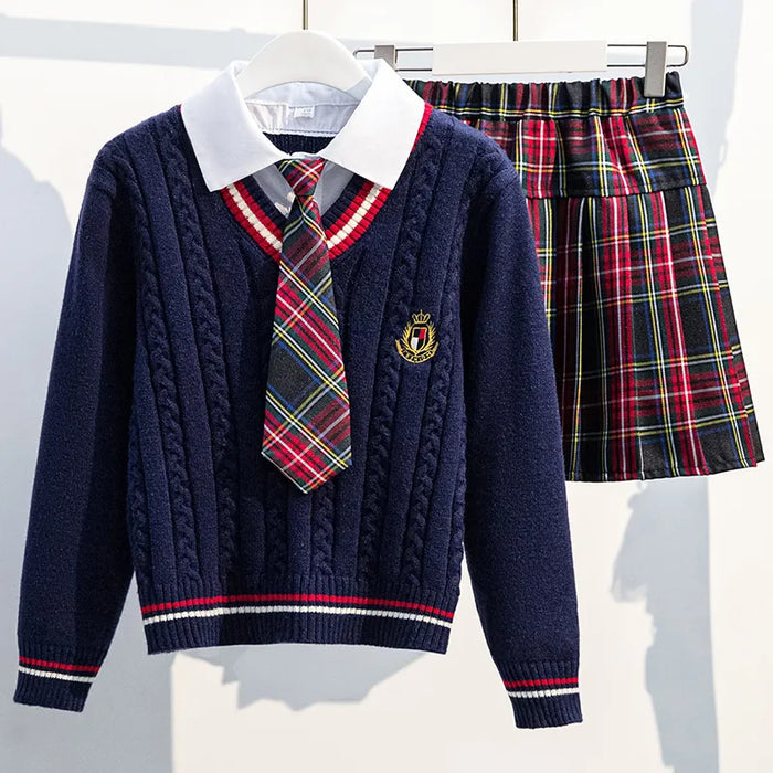 2 Pieces Kids Girls' Plaid Pleated Skirt & Sweater Set Long Sleeve Fashion School 7-13 Years