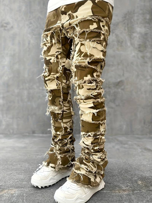 Men's Jeans Trousers Stacked Jeans Patchwork Zipper Pocket Pattern Patchwork Camouflage Comfort