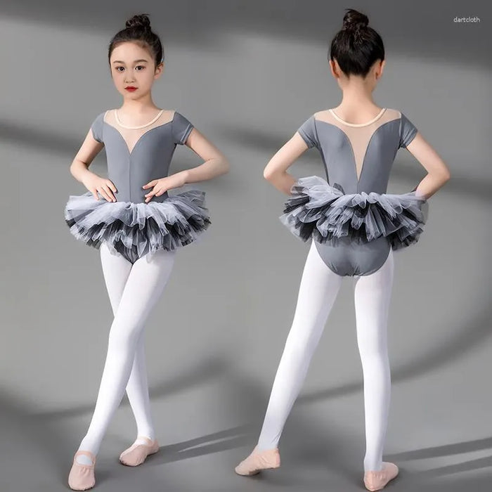 Breathable Ballet Dress Lace Split Joint Tiered Girls‘ Training Performance Short Sleeve High Spandex Lace Tulle