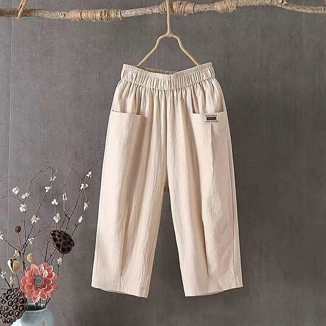 Women's Pants Trousers Linen Cotton Blend Pocket Calf-Length Black Spring & Summer