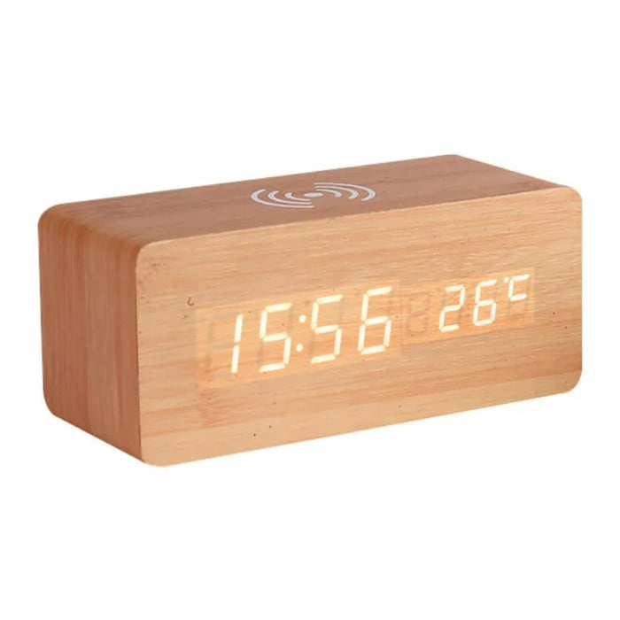 Wooden Digital Alarm Clock with Wireless Charging 3 Alarm Clock LED Displays