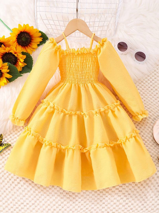 Toddler Girls' Dress Solid Color Long Sleeve Outdoor Pleated Ruffle Vacation Fashion