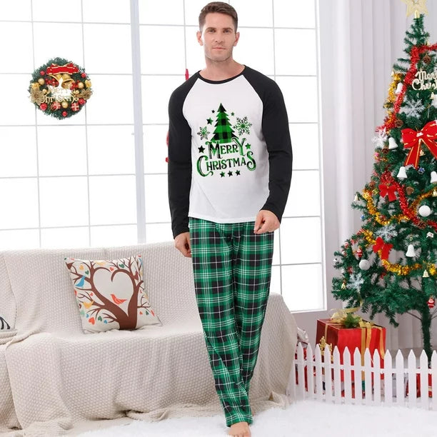Christmas Pajamas Ugly Family Set Plaid Letter Christmas Tree Home Green White Long Sleeve