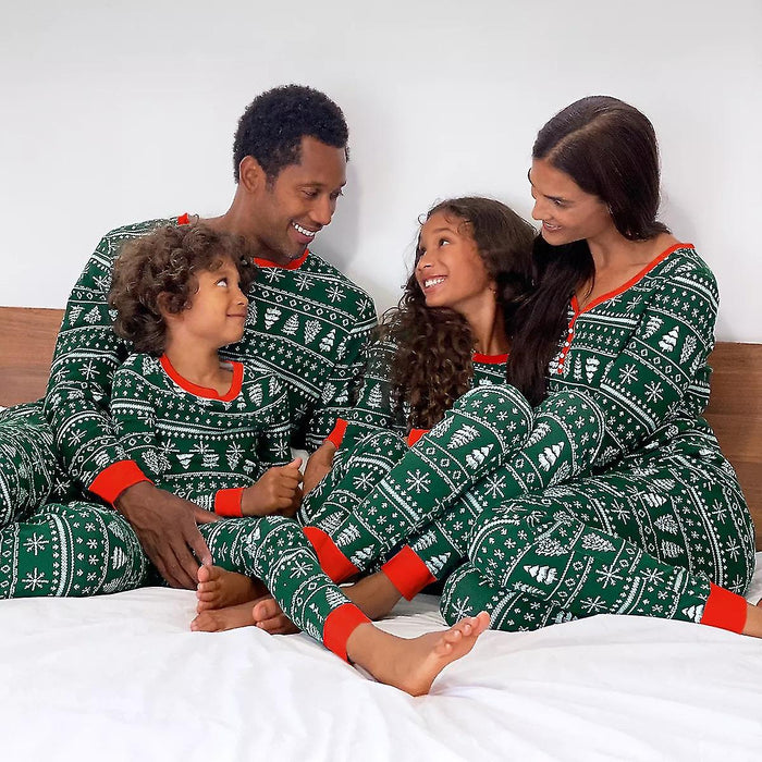 Family Set Pajamas Graphic Christmas Tree Christmas pattern Homes Print Green Long Sleeve