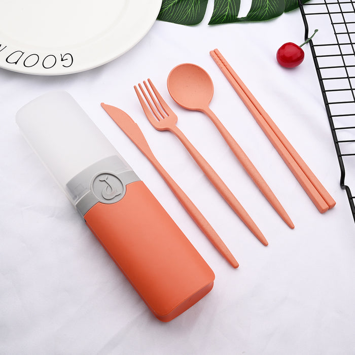 5 PCS set Portable Cutlery Tableware Knife Fork Spoon Chopsticks Set Storage Box Wheat Straw