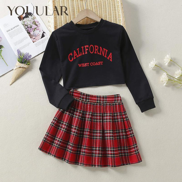 2 Pieces Kids Girls' Plaid Skirt & Shirt Set Long Sleeve Active Outdoor 7-13 Years Winter Red