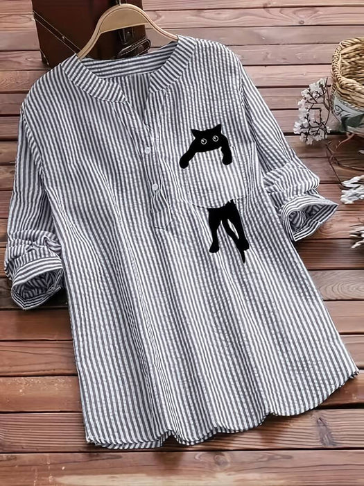 Women's Plus Size Shirt Blouse Blue Cat Striped Ruched Button Long Sleeve Daily