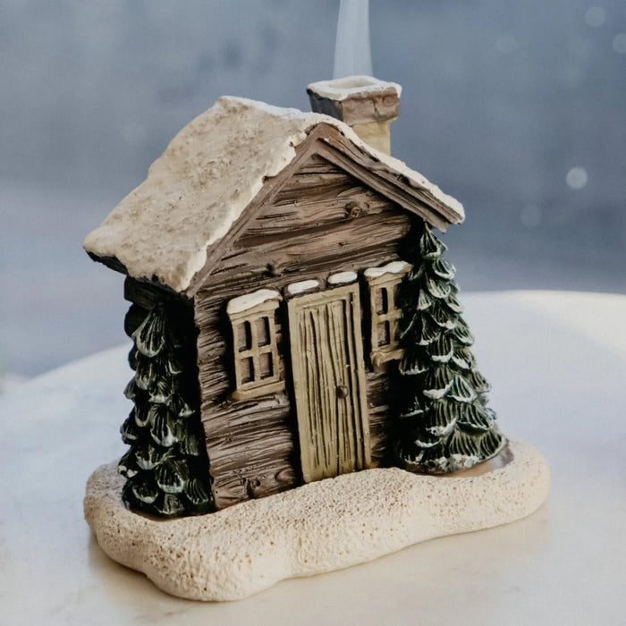 Log Cabin Snowy Winter Incense Cone Burner, Christmas Chimney Cottage Incense Burner