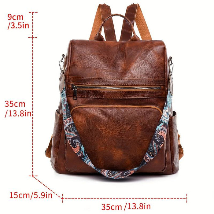 Women's Backpack Functional Backpack School Traveling Solid Color PU Leather Durable Zipper Black Brown Beige