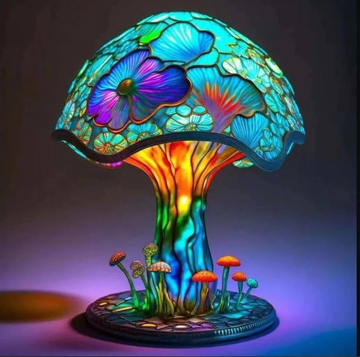 Mushroom Table Lamp, Stained Glass Plant Night Light, Bohemian Resin Decorative Bedside Lamp