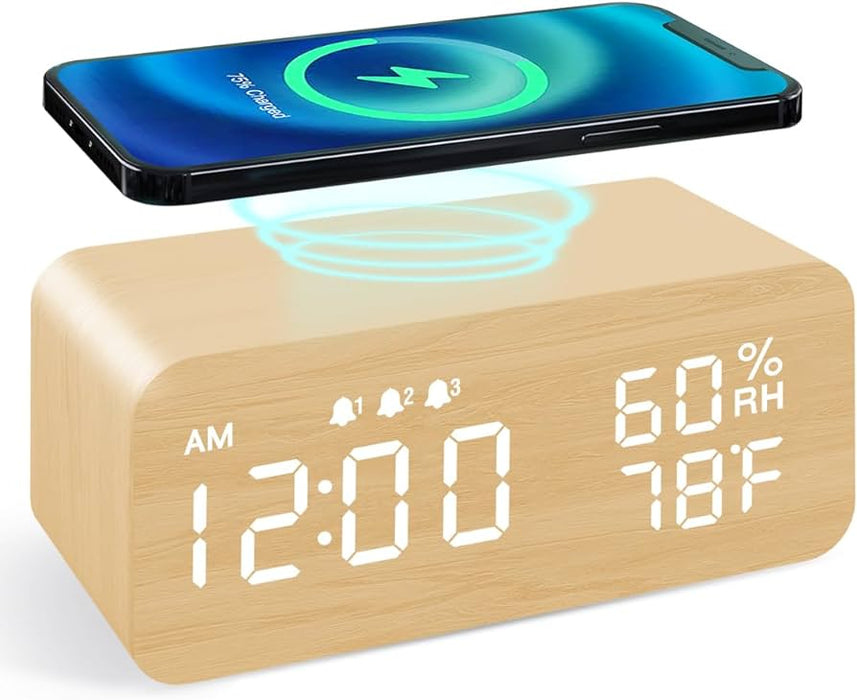 Wooden Digital Alarm Clock with Wireless Charging 3 Alarm Clock LED Displays
