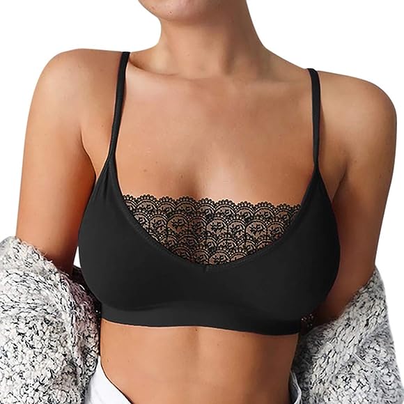 Women's Wireless Lace Bra Elastic and Breathable Lingerie Crewneck Pure Color