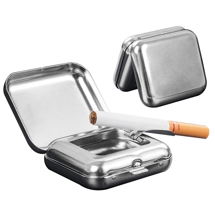 Portable Stainless Steel Square Pocket Ashtray With Lid, Small Silver Metal Ashtray