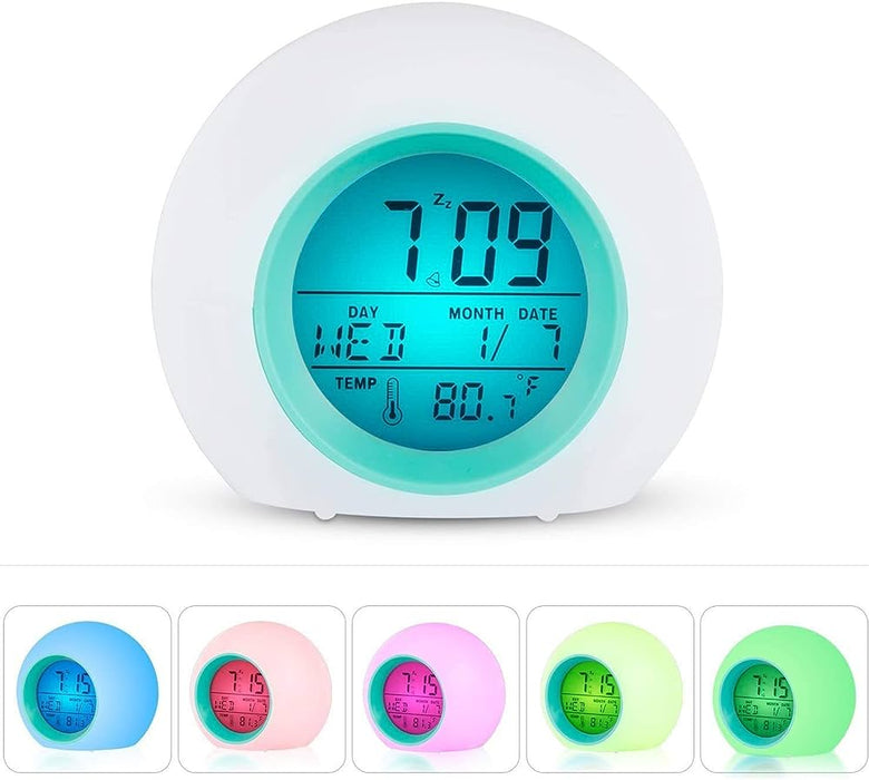 Kids Digital Alarm Clock 7 Color Night Light Snooze Detect Bedside Temperature