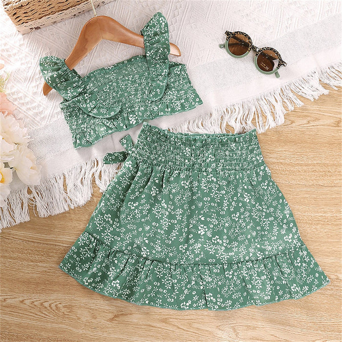 2 Pieces Kids Girls' Floral Skirt & Shirt Set Sleeveless Active Outdoor 3-7 Years Spring Green