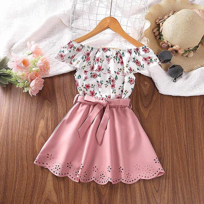 2 Pieces Kids Girls' Solid Color Skirt & Shirt Set Short Sleeve Active Outdoor 3-7 Years Summer Pink