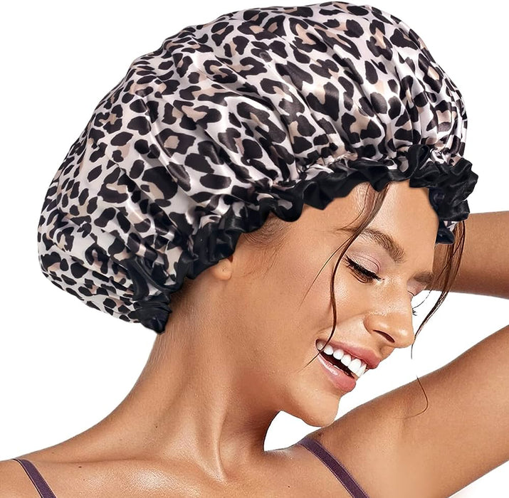 Leopard Print Silk Shower Cap, Double Waterproof Layers Shower Cap, Reusable EVA Hair Caps For Hair