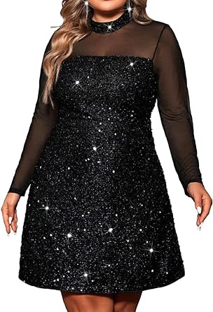 Women's Plus Size Black Dress Sequin Dress Party Dress Midi Dress Black Long Sleeve