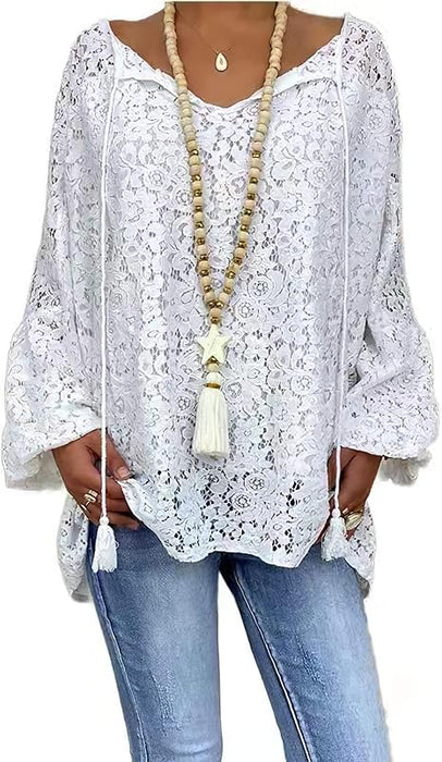 Women's Blouse White Floral Lace Long Sleeve Daily Vacation Streetwear