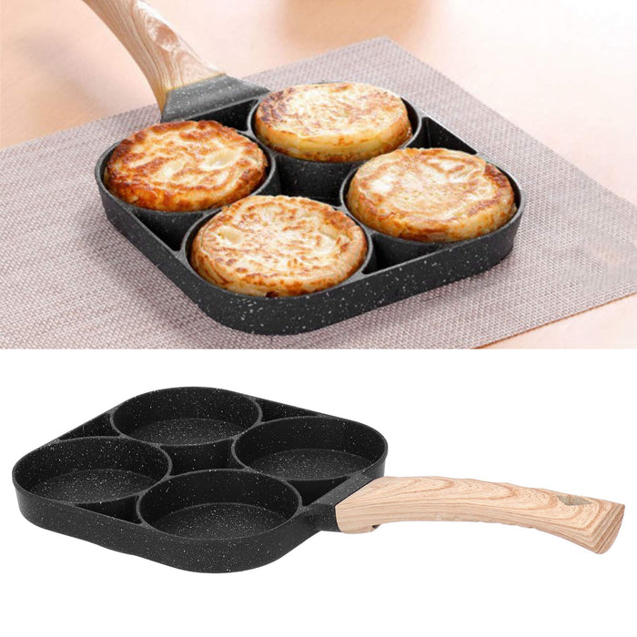 4-Hole Non-Stick Fry Pan with Wooden Handle - Perfect for Eggs, Pancakes, Burgers & More!