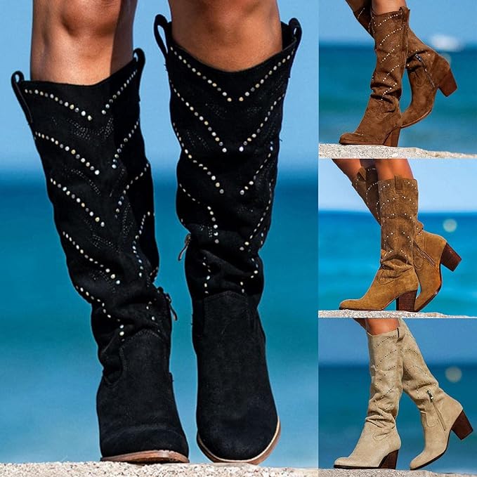 Women's Boots Suede Shoes Work Daily Knee High Boots Winter Rivet Embroidery
