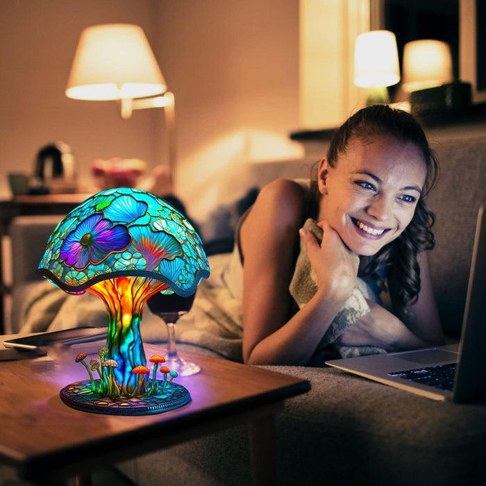 Mushroom Table Lamp, Stained Glass Plant Night Light, Bohemian Resin Decorative Bedside Lamp