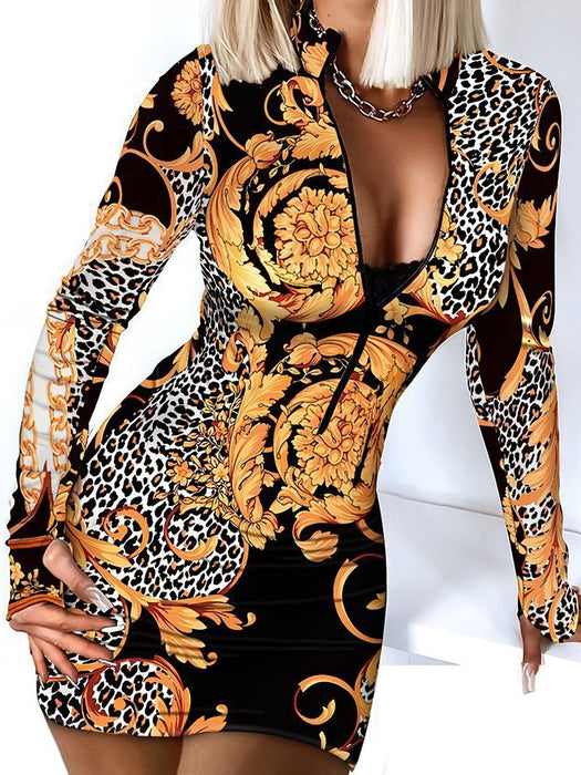 Women's Casual Christmas Winter Dress Leopard Plaid Zipper V Neck Mini