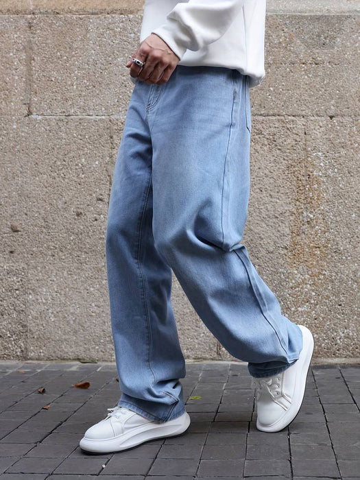 Men's Jeans Trousers Baggy Denim Pants Pocket Drawstring Straight Leg Solid Colored