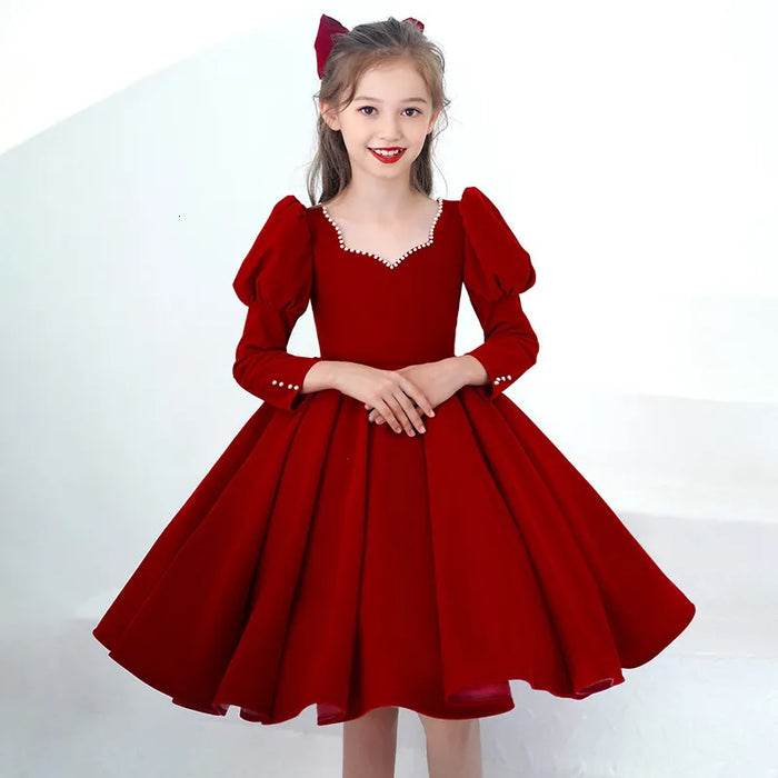 Kids Girls' Party Dress Solid Color Long Sleeve Performance Mesh Puff Sleeve Princess Sweet